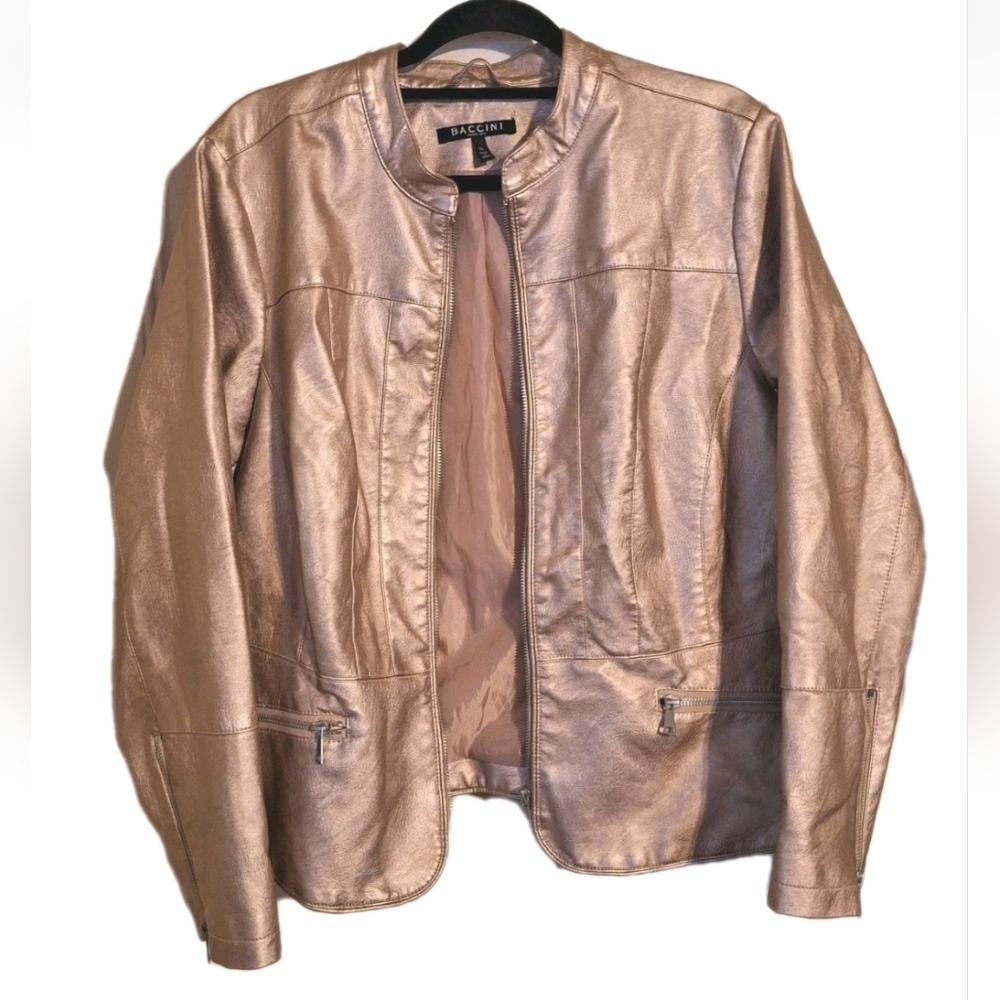 Baccini Faux Leather Metallic Rose Gold Zip Up Moto Bomber Jacket Womens SZ 1X